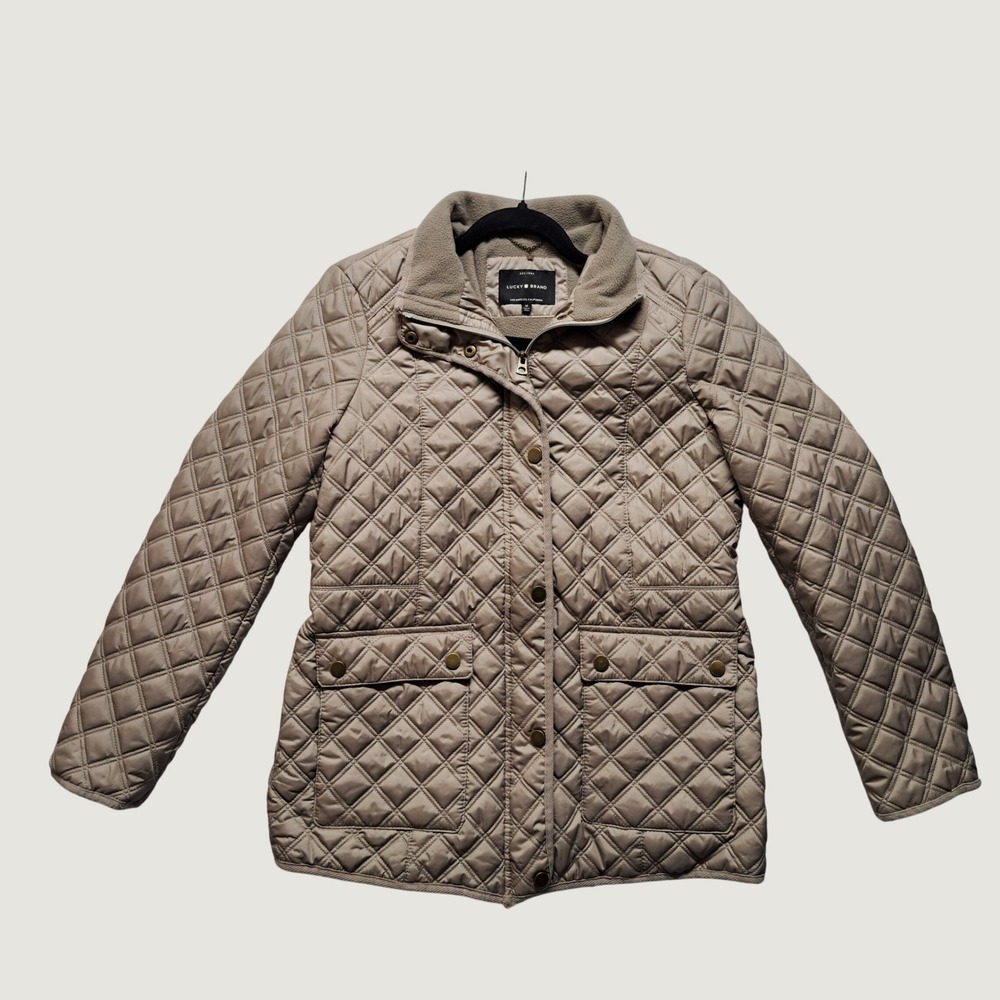 Lucky Brand Quilted Barn Jacket Womens M Taupe Excellent Fleece Lined Diamond